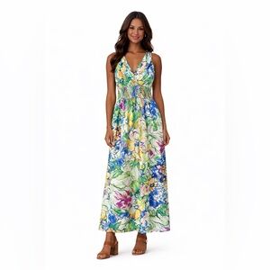 Jonathan Martin Floral Maxi Dress Sleeveless V-Neck Smocked Waist Summer Sz. 12